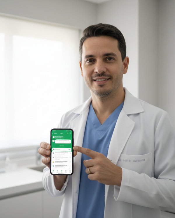 Profissional sorrindo mostrando celular com WhatsApp