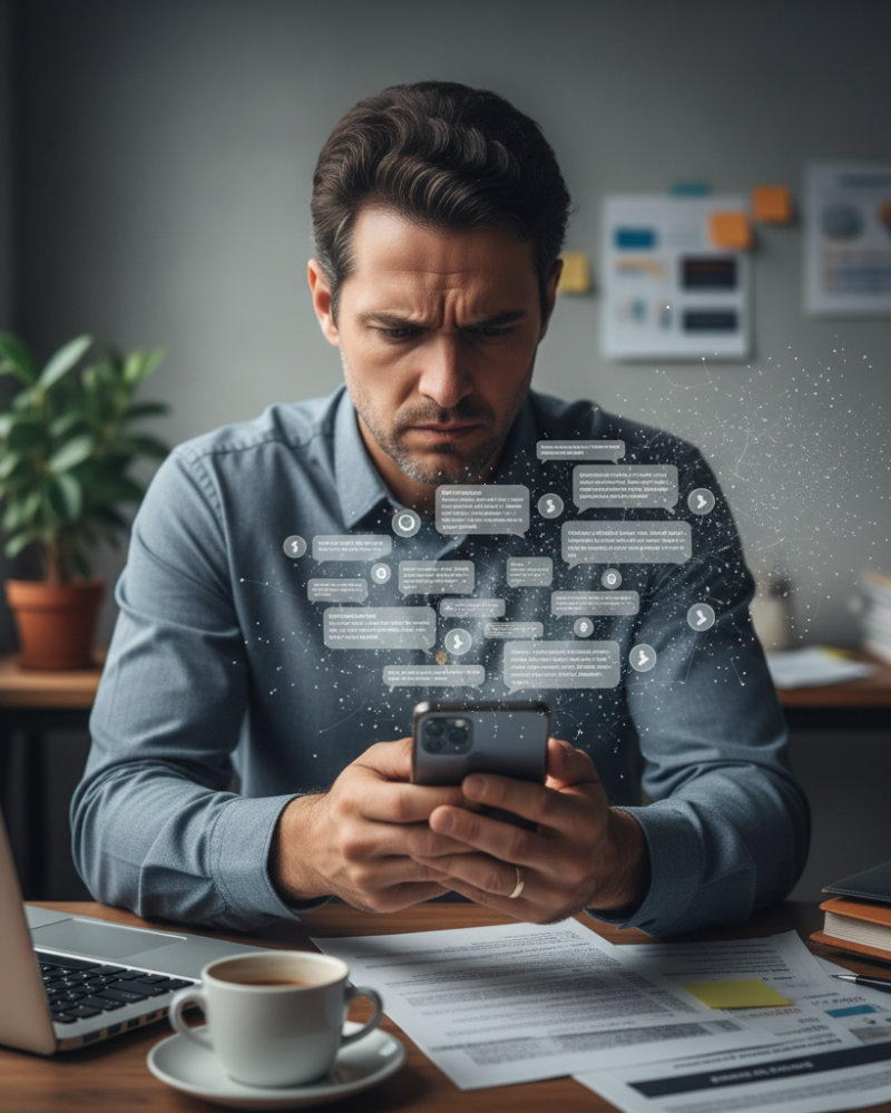 Empresário preocupado olhando celular com muitas mensagens