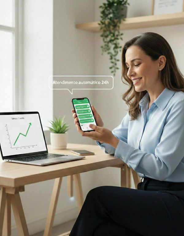 Mulher sorrindo usando WhatsApp no celular com laptop mostrando gráfico de crescimento